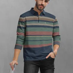 bullmer Striped Textured Printed Polo Neck Fullsleeve T-Shirt with Rib for Men image 5