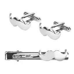 shining jewel - by shivansh Shining Jewel Designer Stylish 3 Pcs Accessories Moustache Silver Rhodium Plated Cufflinks + Tiepin Set For Men (Sj_7142) image 1