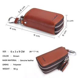 sam's design Leather Car Key case Keychain Bag Unisex Large 2 Zip Leather Wallet Cover Car Key Brown image 2