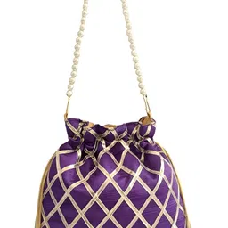 duchess Women's Gota Patti Purple Potli Bag Purse with Pearl Handle image 4