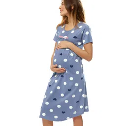 lotik Women's Cotton Heart & Gola Printed Maternity & Feeding Calf Length Short Nighty image 4
