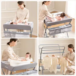 Baby Changing Table with Wheels, Maydolly Portable Adjustable Height Folding Diaper Station with Nursery Organizer & Storage Rack for Newborn Baby and Infant, Grey Pattern image 5