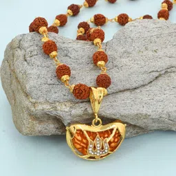 morir Gold Capping CZ Studded Trishul Design 1-Face Ek Mukhi Rudraksha Pendant Locket With Rudraksha Mala Necklace for Men and Women (1 Piece) image 4