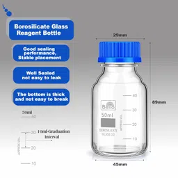 bello naturals feel better everyday Bello Borosilicate Glass reagent bottle 50ml with leak proof Blue Screw Cap pack of 6 for glassware wide mouth chemical bottles for lab, laboratory, kitchen and professional use image 2
