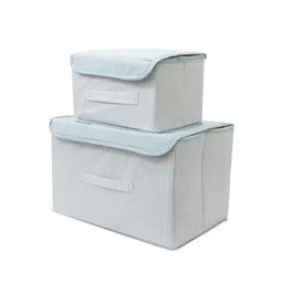 M Teaser Set of 2 Medium & Large Storage Basket Bins Non-Woven Wardrobe Closet Organizer Foldable Drawer Rectangular Stackable Box/Bins with Lid & Handle (Grey) image 1