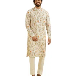 manyavar Men's Linen Blend Floral Print Kurta(1pc) image 1