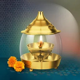 Treo by Milton Arpan Decorative Brass Diya for Puja with Curved Glass Cover Home Decoration Oil Akhand Diyas, Mandir Jyoti Wick Holder Stand, Traditional Gold Lid Lamps image 3