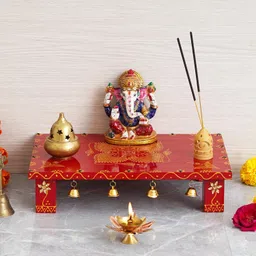 generic Ramkripa Art Chowk Purna Designed Wooden Chowki/Patla | Wooden patla for puja -12" (Length) x 8"(Width) x 2.5" (Height) Inch image 2