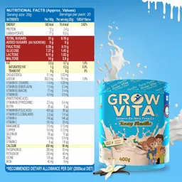 Grow Vita Growth Ka Naya Formula Delicious, Nutritious Malt Base Milk Food, Essential Nutrients Available, Vanilla No Added Sugar Flavours Drink. 400GM image 3