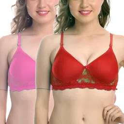 Women Padded Lace Cotton Non Wired Full Coverage T-Shirt Bra Shaper Bra Push up Teenage Bra Regular Use Bra Comfortable Bra Combo Pack Multi-Color Cup B image 1