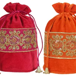 kuber industries Embroidered Design Potli Bags Handbags for Women Gifting Wristlets for Wedding, Festival, Kitty Subh Shagun-Pack of 2 (Pink & Orange) image 1