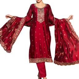 indo era Women's Embroidered Silk Blend Calf Length Straight Kurta & Pant with Dupatta Set (KH9MR6129) image 1