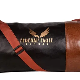 goldline Federal Eagle Sports Leather Duffle/Gym Bag Classic Leather Round-Shaped Large Capacity 20L Gym Bag with Built-in Waterproof Layer and Adjustable Shoulder Strap (41 x 22 x 22 cm, Black-Brown) image 3