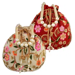 kuber industries Potli|Silk Wedding Potli|Christmas Gift Potli|Baby Shower Potli|Traditional Shagun Potli|Drawstring with Beads Handle Potli|New Flower Embroidery Potli|Pack of 2|Multi image 1