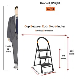 Parasnath Black Heavy Folding Ladder with Wide Steps Milano 3 Steps 3.1 Ft Ladder (Made in India) Alloy Steel image 2