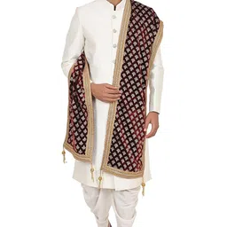 parangat Men's Velvet Gold Print Sherwani Dupatta with Tassels (Maroon,Free Size) image 2