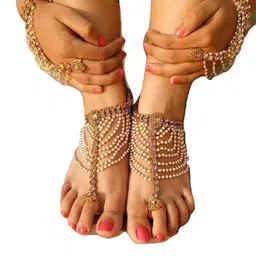 womensky Gold Plated Payal/Anklet with Gold Plated Hath Phool Ring Bracelet for Women image 1