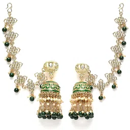 karatcart Gold Plated Green Meena and Beads Kundan Kaanchain Jhumki Earrings for Women image 1