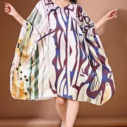 label aarna Soft Satin Short Kaftan with Digital Print and Hidden Adjustable Belt | Free Size [M-3XL] | Beach Wear | Resort Wear | Kaftan Dress for Women image 2