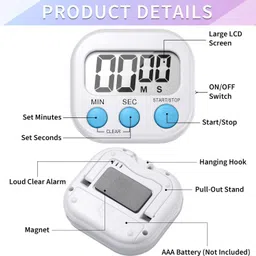 AKRIZA Digital Kitchen Timer & Stopwatch - Large Digit Countdown, Loud Alarm, Magnetic Back Stand Ideal for Cooking, Baking Stop Watch Timer for Study Table Accessories for Students image 3