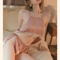 liksun Luxurious Satin Sleepwear Set with Lace Trim - Halter Top, Shorts, and Robe image 2