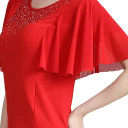 bnf® Elegant Women Dance Tops Bell Sleeves Short Sleeve for Cha Cha Practice Tops XL Red image 5