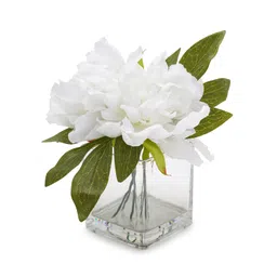 Pure Home + Living White Artificial Peony with Glass Vase Made of Plastic, Wire, Glass) Fake Plants Small, Mini Decorative, Home Office or Gift Wild Artificial Plant with Pot. (15X15X17 CM) Pack of 1 image 4