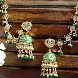 karatcart Gold Plated Green Meena and Beads Kundan Kaanchain Jhumki Earrings for Women image 4