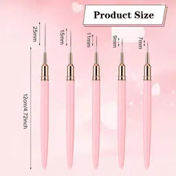 kira Nail Art Brushes, 5Pcs Super Fine Strip Brush Set for Long Line Thin Detail Fine Drawing Delicate Coloring Pink Metal Handle Nail Brush 7/9/12/15/20mm (pink) image 2