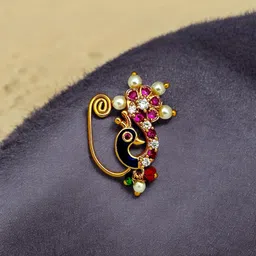 kyoot jewels Maharashtrian Nath Combo Nose pin without piercing Pearl Diamond Gold Plated Nathni Clip On Ruby Green Moti Nose Ring For Women image 3