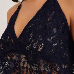 clovia Women's Lace Self-Patterned Sheer Halter-Neck Knee Length Babydoll with Matching Thong image 5