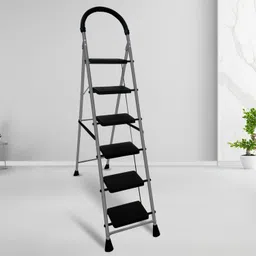 trendy Carbon Steel 6 Step-Ladder For Home | Heavy Duty Foldable Ladder With Wide Ant-Slip Steps And Anti-Skid Shoes image 1