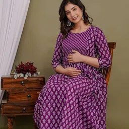 vivan enterprises Women's Pure Cotton Maternity Gown Dress | A-line Feeding Kurti | Purple Kurtis for Women & Girls image 5