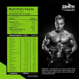 Zenith Nutrition Mass Gainer Powder(For Adults,Double Rich Chocolate 750 gms) with Enzyme blend | 17gm Protein | 51gm Carbs | Added Glutamine | Lab tested image 3