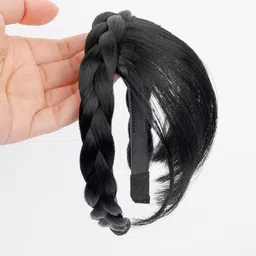 hair wala HAIR WALA™ Front Hair Bangs Fringe Hair Extensions Synthetic Fake Bangs Hair Neat Fringe Bangs with Double Row Braids Headband for Women Girls Bangs Hair (Color : Black) image 2