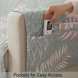 HOKIPO Polyester 3 Seater Quilted Sofa Cover with Pockets, Tropical Leaves Pastel Green (IN-742-D1) image 4