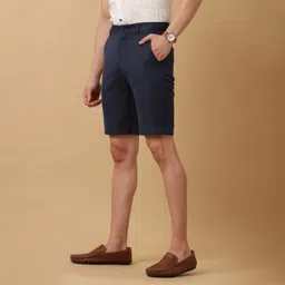 linen club Mens's Linen Rich Blue Solid Slim Fit Casual Shorts image 2