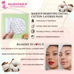Majestique Premium Makeup Removal Cotton Pads Round and Square | Double Sided 100% Thick Layered Cotton Pad | Soft and Gentle Multipurpose Pads | Face Cleaning Cotton Pads- 150Pcs/1 Box image 3