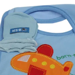 Babies Bloom Airplane Cartoon Design Baby Bib with Anti Scratch Mittens and Socks Gift Set, Blue image 2