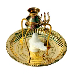 HaridwarDivine Shiv Marble White Shivling Shiva Ling/Shivling with Brass Plate, Kalash with Stand & Trishul Brass for Home Puja, Temple, Jalabhishekam image 1