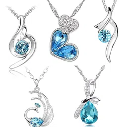 om jewells Valentine Gift Rhodium Plated Crystal Jewellery Combo Of 5 Designer Pendant Necklace Studded With Blue Crystal Elements For Girls And Women CO1000342 image 1