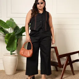 deebaco Solid Cotton Poplin Waistcoat with Pants Plsu Size Co-ord Set for Women's|V-Neck Sleeveless Regular Fit Stylish Summer Western Casual Wear Ladies Cord Set image 2