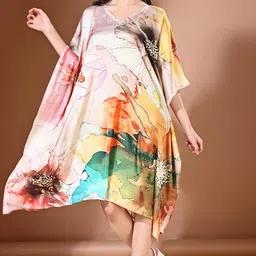 label aarna Soft Satin Short Kaftan with Digital Print and Hidden Adjustable Belt | Free Size [M-3XL] | Casual | Beach Wear | Kaftan Dress for Women image 2