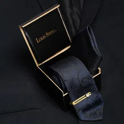 louis stitch Mens Blue Necktie Italian Silk Suit Tie with Golden Tie Pin Pocket Square American Style Formal Tie Gift Set for Men (TEGPBU) image 2