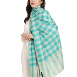 pashtush Women's Extra Fine Wool Shawl, Check Design, Seagreen image 1