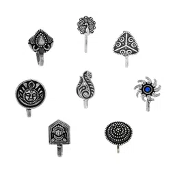 anuradha art jewellery Anuradha Art Silver Finish oxidised Nose pin Combo Set | Oxidised nose Ring without piercing small | Studs nose Ring, Clip on Stud Nose Pin image 1