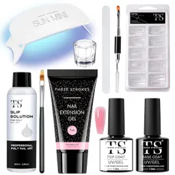 thr3e strokes Poly Nail Gel Extension Kit,10 IN 1 UV Nail Lamp, Builder Gel, Slip Solution, Clear polygel, Gel Brush, Spatchula, Dappen dish, 60ML Slip solution, Top Coat Base Coat , Tips Nail Art Kit (10 IN 1 KIT) (PINK, 10 IN 1 KIT) image 1
