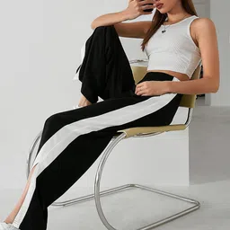 paralians Women Bottom Wear Side Seam Split Hem Polyester Sweatpants with Trendy Black and White Design Wide Leg Pants with Elegant and Relaxed Fit image 3