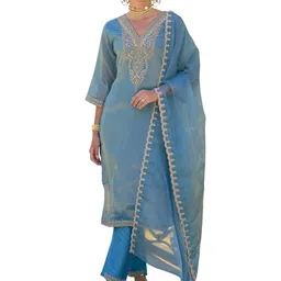 indo era Women's Black Silk Blend Embroidered Straight Kurta & Pant with Dupatta Set (KH9BK6210) image 1