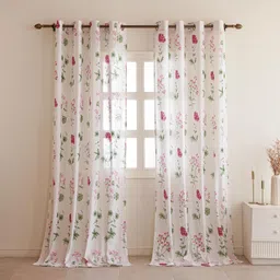 HOMEMONDE Cotton Sheer Curtains for Door Sun Light Filtering Linen Textured Curtain Set of 2, Pink Floral Printed, Hangs with Eyelets - (L 7FT x W 4.5FT) image 1